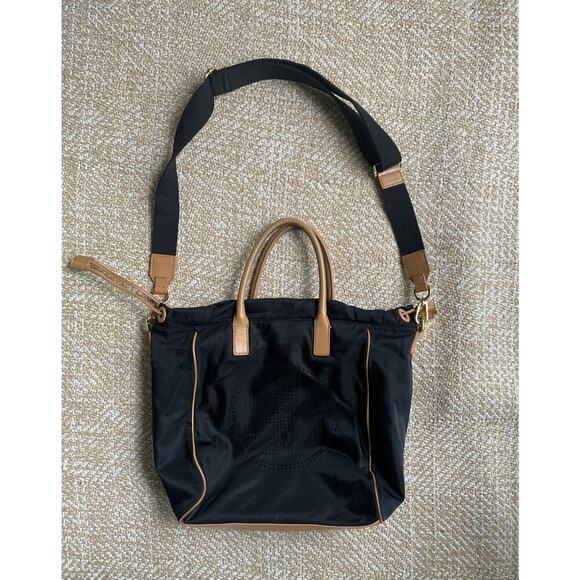 Tory Burch Perforated Logo Black Nylon Drawstring Top handle Large Crossbody - Picture 1 of 7
